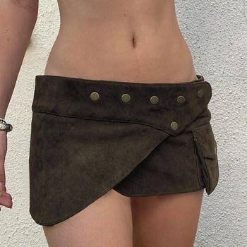 stylish non-stretch low-waist rivet-decor suede mini skirt