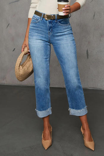 stylish plus size slight stretch all-match rolled-up crop jeans(no belt)