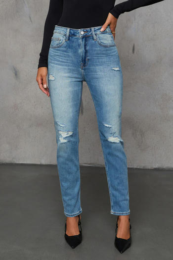 stylish plus size slight stretch all-match ripped straight jeans