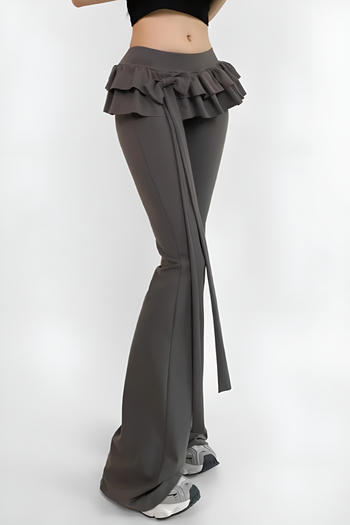 casual slight stretch solid color bow ruffle decor pants(size run small)