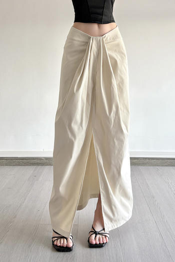 casual new non-stretch solid color pleated slit maxi skirt