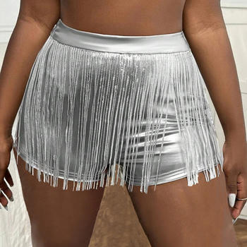 sexy slight stretch tassels decor solid color shorts