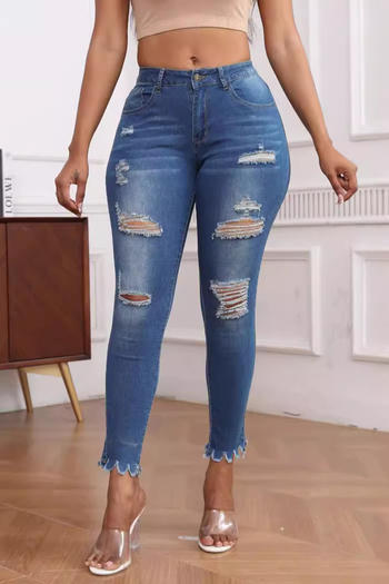 casual plus size slight stretch mid waist tight hip-lifting hole jeans