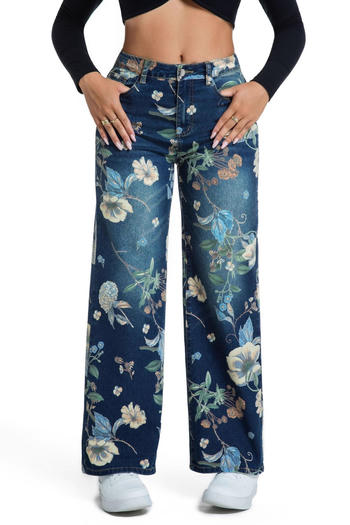 casual plus size slight stretch high waist floral print all-match jeans