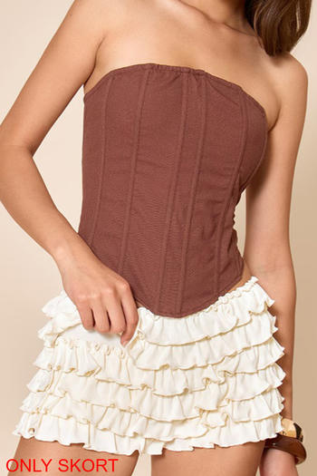 stylish slight stretch solid color pleated ruffles all-match skorts