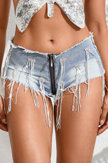 sexy slight stretch denim tassels decor zip-up shorts