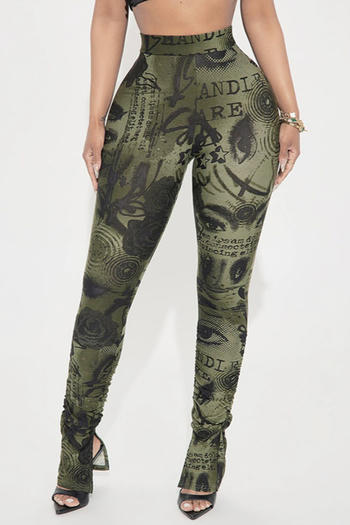 sexy slight stretch batch printing high-waist slit pants