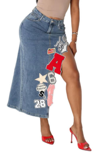 casual plus size slight stretch non-stretch embroidery letters midi denim skirt