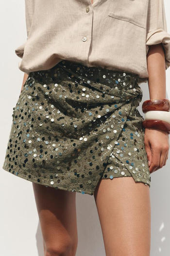 sexy non-stretch high-waist sequin decor kink mini skirt