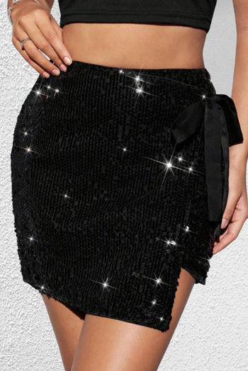 stylish chic slight stretch sequin decor lace-up high waist all-match skort