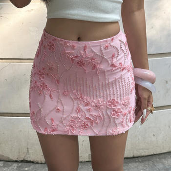 stylish slight stretch sequins floral beaded decor slim mini skirt