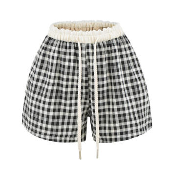 casual non-stretch lattice printing drawstring lace trim shorts(size run small)