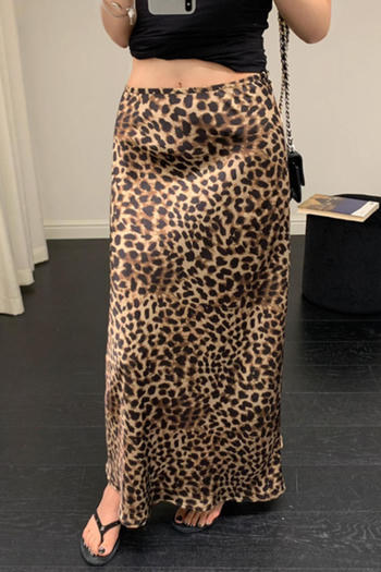 casual non-stretch zip-up leopard printing maxi skirt(size run small)