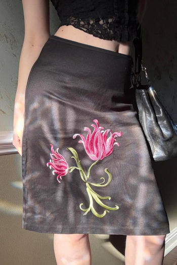 casual slight stretch embroidery floral midi skirt