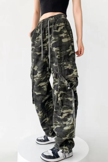 casual non-stretch camo printing high-waist cargo pants(size run small)