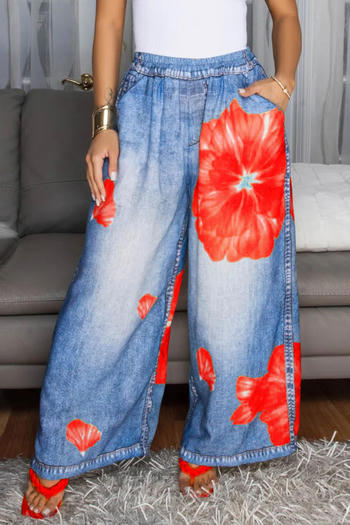 casual plus-size non-stretch floral prints loose wide-leg pants