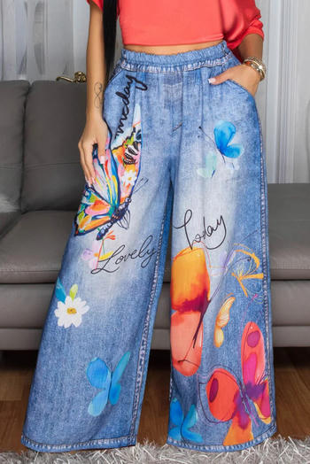 casual plus-size non-stretch butterfly print loose wide-leg pants