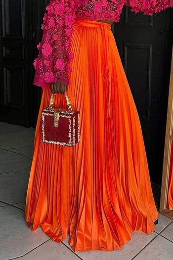 casual plus size non-stretch solid color pleated high waist maxi skirt with belt
