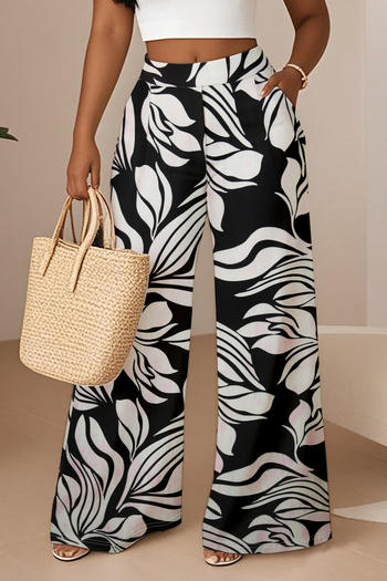 casual plus size slight stretch print high waist wide leg pants