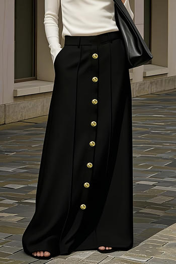 casual plus size non-stretch solid color single-breasted high waist maxi skirt