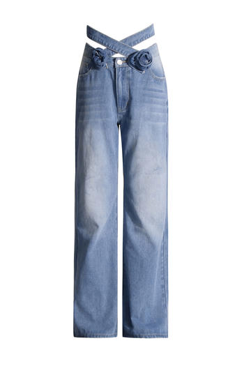 stylish non stretch denim 3d flower design cross high waist jeans