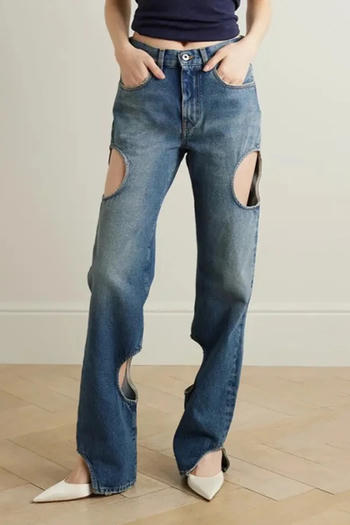 stylish non stretch denim cut out high waist jeans