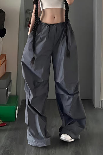 casual non-stretch solid color pleated drawstring pants