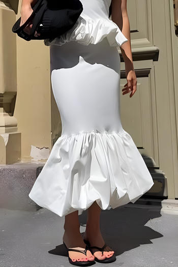 casual non-stretch solid color high waist slim fit pleated midi mermaid skirt