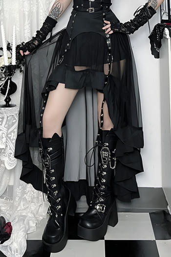 casual slight stretch see-through mesh splicing irregular hem maxi skirt