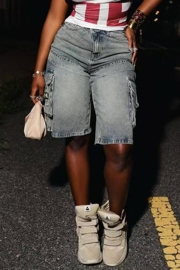 casual plus size slight stretch loose cargo denim shorts