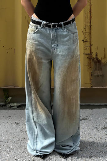 casual non-stretch washed denim contrast color without belt jeans