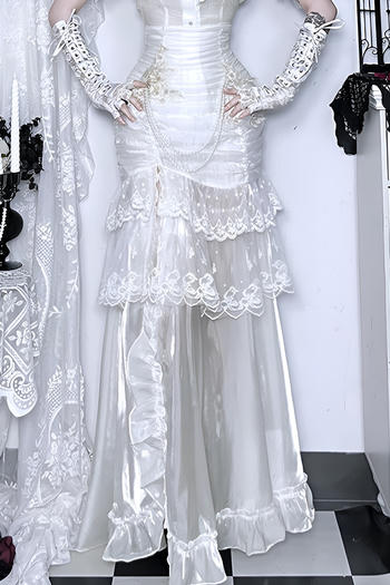 stylish non-stretch high-waist slit embroidery flower pearl chain maxi skirt