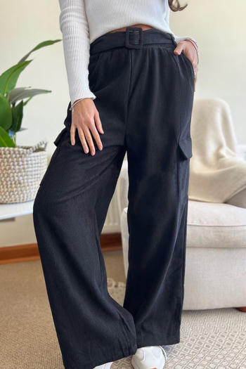 casual non-stretch corduroy solid color high-waist with belt pants