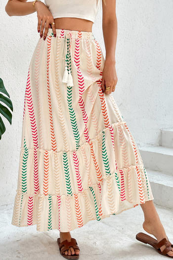 casual non-stretch multicolor printing high-waist drawstring maxi skirt
