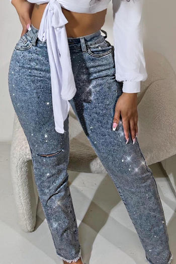 casual plus size slight stretch slim fit hole rhinestone decor jeans