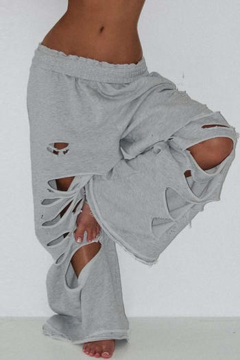 casual non-stretch hole decor high-waist pants