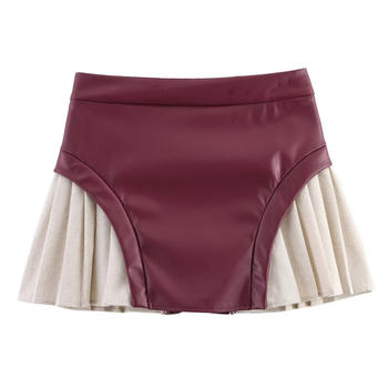 casual non-stretch contrast color pu high-waist pleated mini skirt