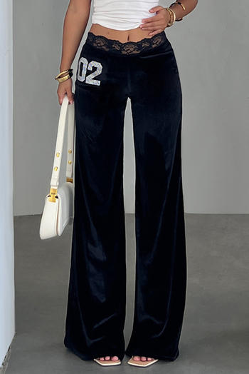 casual slight stretch velvet letter rhinestone decor pants