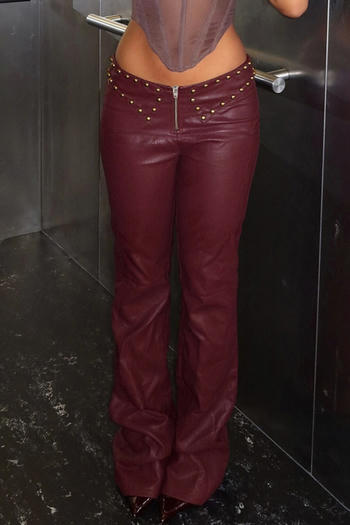 sexy slight stretch pu rivet decor low-waist pants