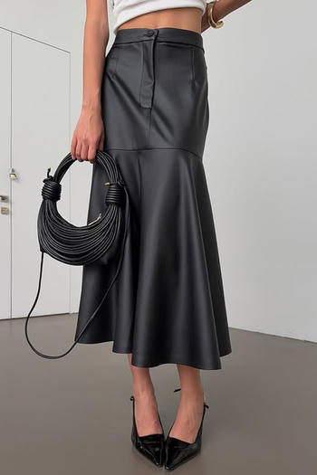casual slight stretch pu solid color high-waist midi skirt