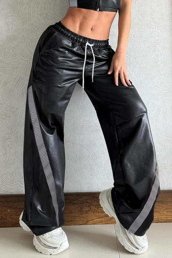 casual slight stretch pu contrast color high-waist drawstring pants