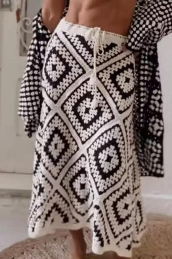 casual non-stretch mid-waist knitted plaid midi skirt