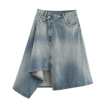casual non-stretch denim high-waist pocket midi skirt