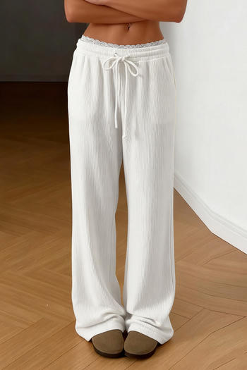 casual non-stretch solid color lace-decor low-waist thin corduroy pants