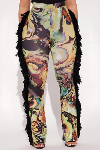 stylish slight stretch graphic printing tassel all-match bell-bottoms