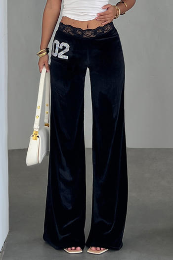 casual slight stretch lace stitching rhinestone digital velvet low waist pants