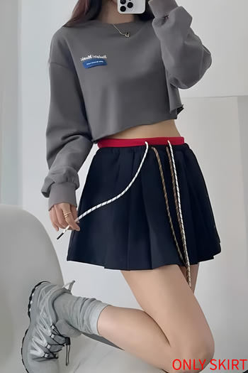 casual stretch contrast color drawstring pleated mini skirt(size run small)
