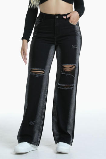casual plus size slight stretch hole high waist straight jeans