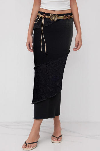 casual slight stretch solid color with braided rope belt midi skirt
