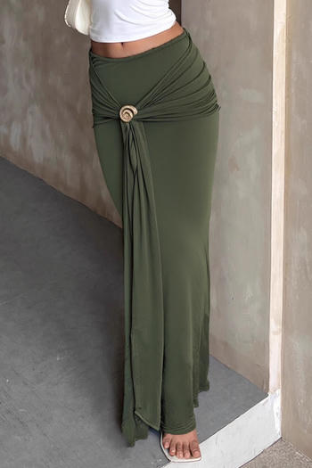 casual slight stretch high-waist solid color shirring maxi skirt